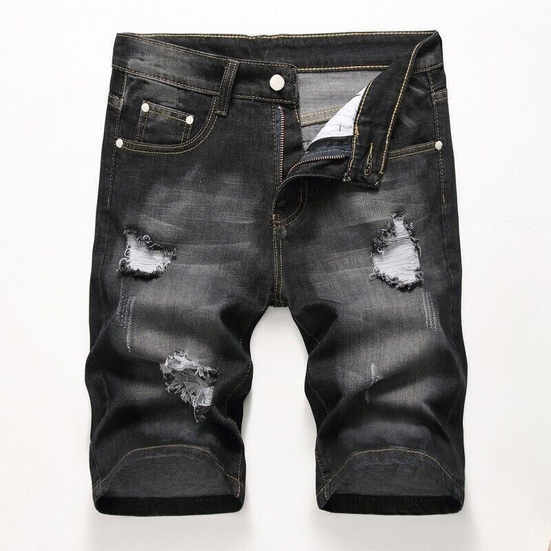 Pantaloncini corti uomo denim elasticizzati slim fit pantaloncini jeans strappati pantaloni midi casual - Foto 15 di 22