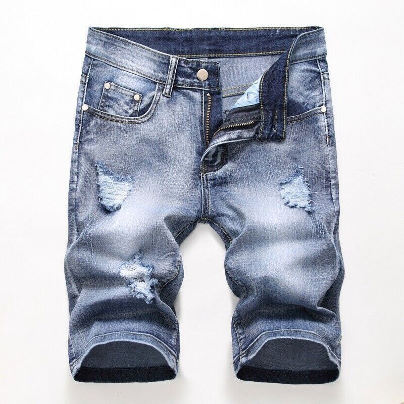 Pantaloncini corti uomo denim elasticizzati slim fit pantaloncini jeans strappati pantaloni midi casual - Foto 19 di 22