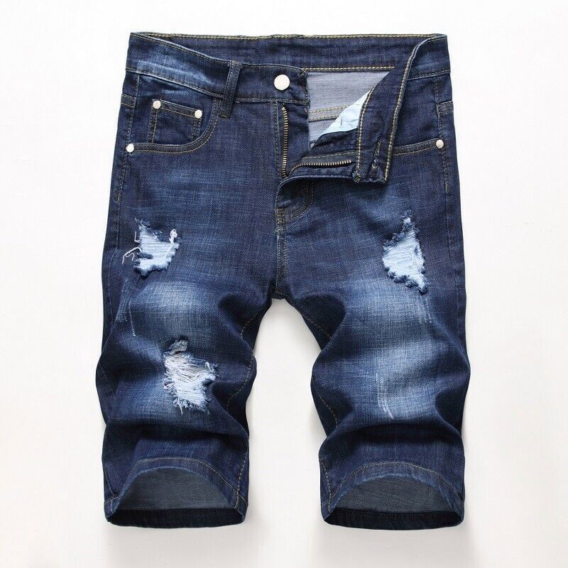 Pantaloncini corti uomo denim elasticizzati slim fit pantaloncini jeans strappati pantaloni midi casual - Foto 21 di 22