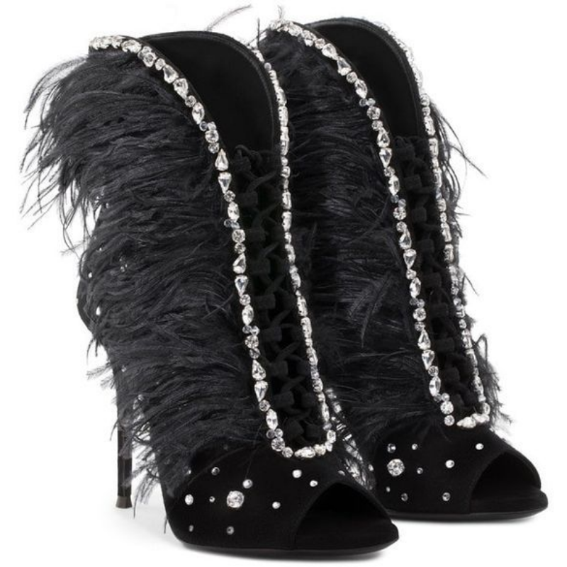 Womens Club Party Pull On High Heels Feather Rhinestone Decor Sexy Ankle Boots - Picture 8 of 22