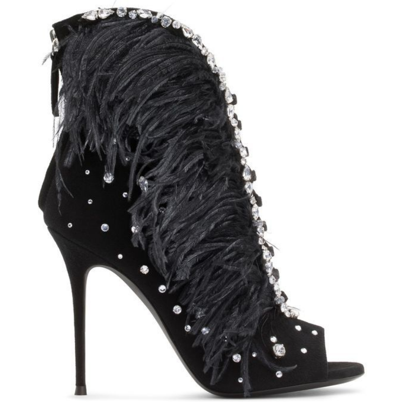 Womens Club Party Pull On High Heels Feather Rhinestone Decor Sexy Ankle Boots - Picture 9 of 22