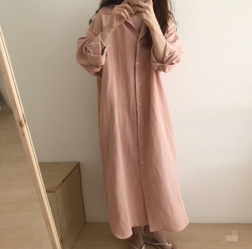 Women Cotton Blend Lapel Shirt Dress Long Sleeve Maxi Dress Button Loose - Imagen 27 de 29