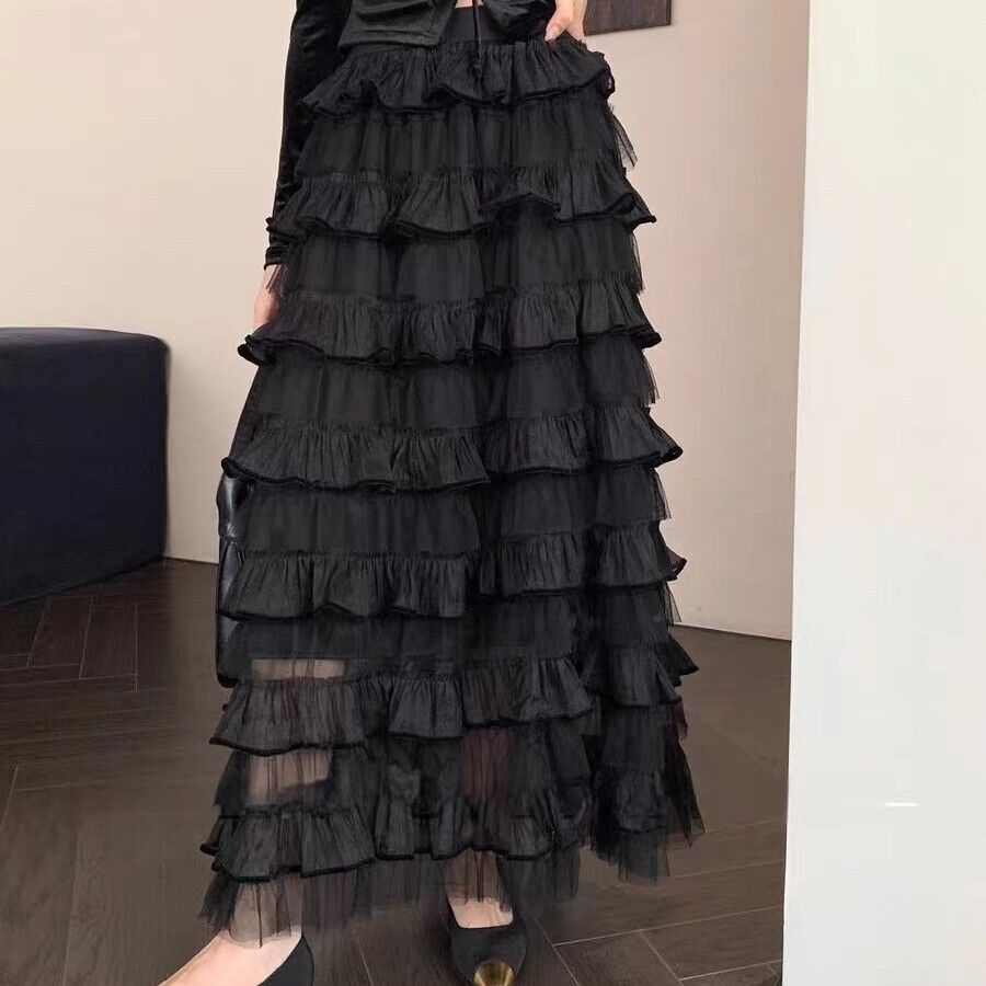 Spring Elegant Women Tulle Maxi Skirt Cake Layered Elastic Waist Flare Skirt - Picture 26 of 38