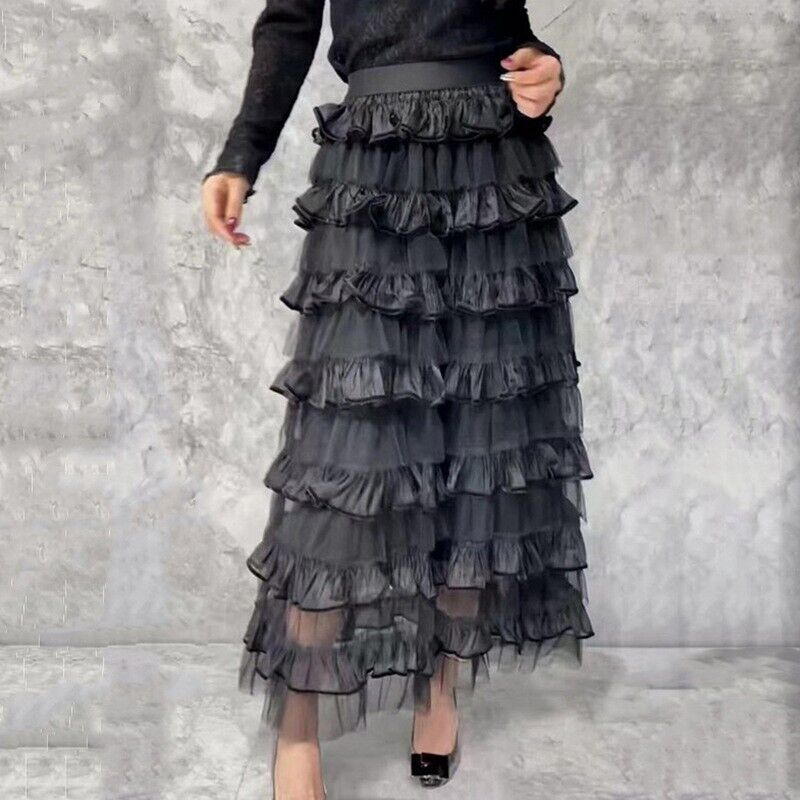 Spring Elegant Women Tulle Maxi Skirt Cake Layered Elastic Waist Flare Skirt - Picture 27 of 38