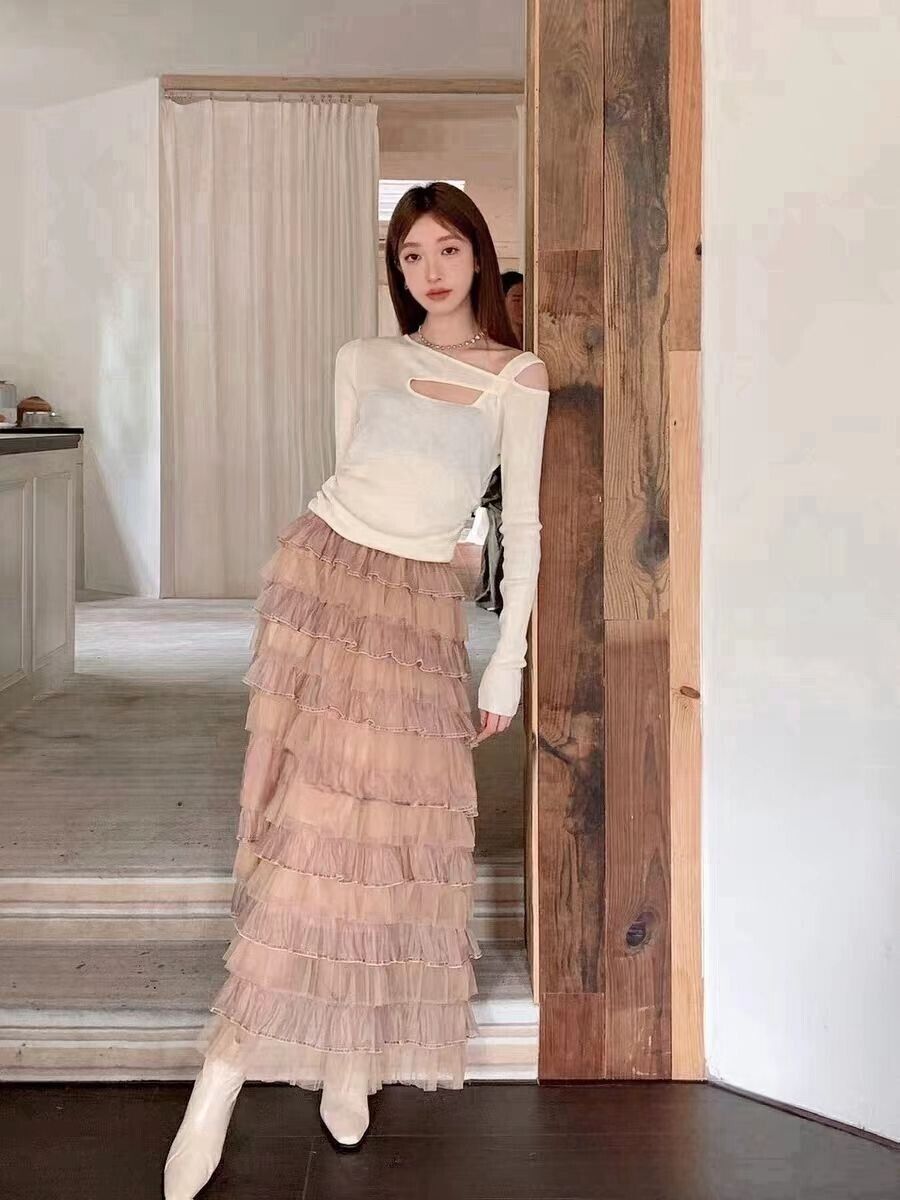 Spring Elegant Women Tulle Maxi Skirt Cake Layered Elastic Waist Flare Skirt - Picture 36 of 38