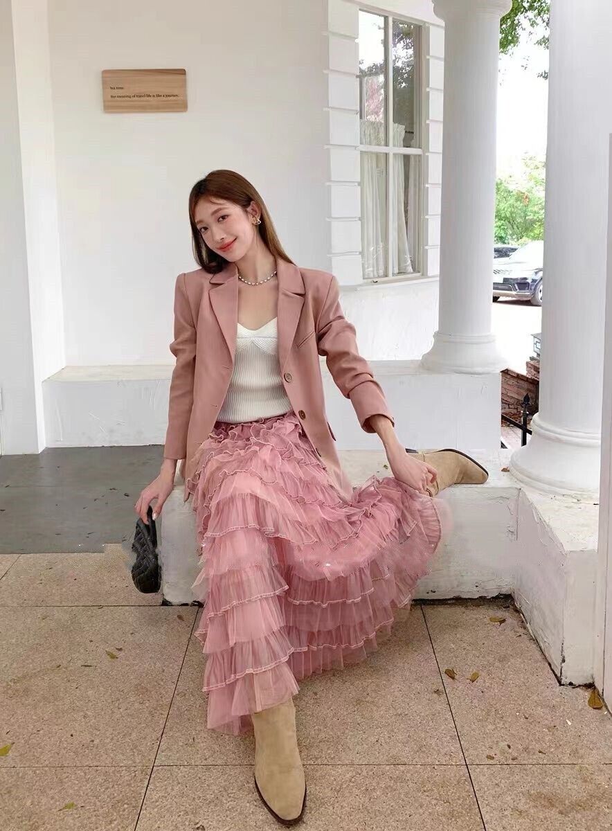 Spring Elegant Women Tulle Maxi Skirt Cake Layered Elastic Waist Flare Skirt - Picture 37 of 38
