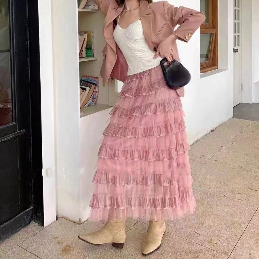 Spring Elegant Women Tulle Maxi Skirt Cake Layered Elastic Waist Flare Skirt - Picture 38 of 38