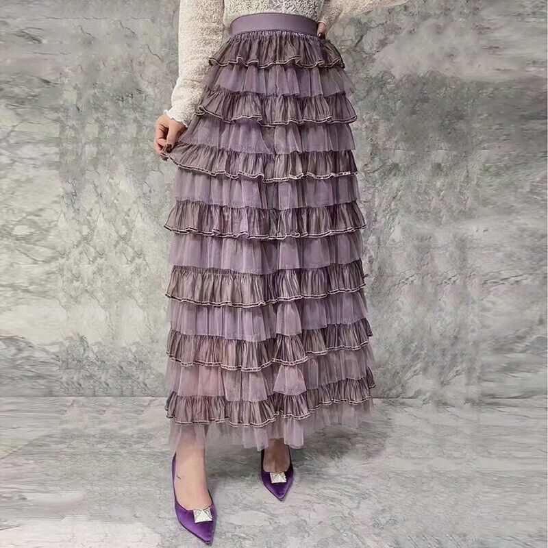 Spring Elegant Women Tulle Maxi Skirt Cake Layered Elastic Waist Flare Skirt - Picture 33 of 38