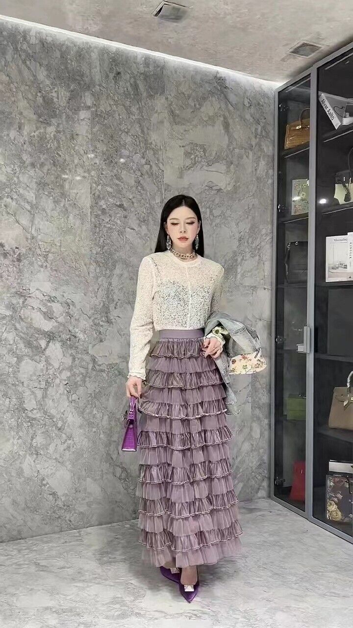 Spring Elegant Women Tulle Maxi Skirt Cake Layered Elastic Waist Flare Skirt - Picture 34 of 38