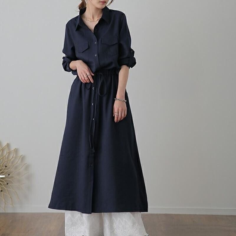 Women Midi Shirt Dress Long Sleeve Button Front Drawstring Pocket Casual Dress - Picture 18 of 18