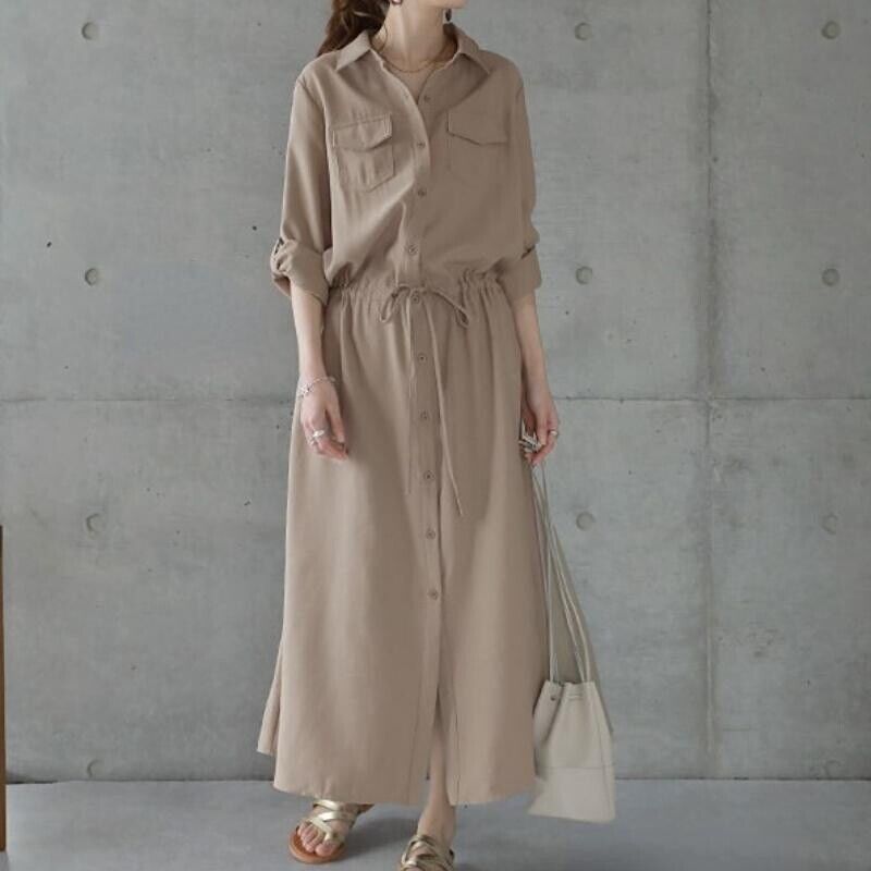 Women Midi Shirt Dress Long Sleeve Button Front Drawstring Pocket Casual Dress - Picture 16 of 18