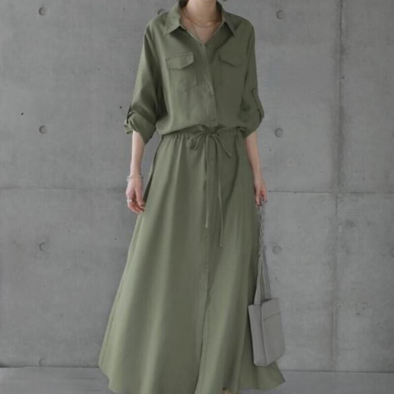 Women Midi Shirt Dress Long Sleeve Button Front Drawstring Pocket Casual Dress - Picture 15 of 18