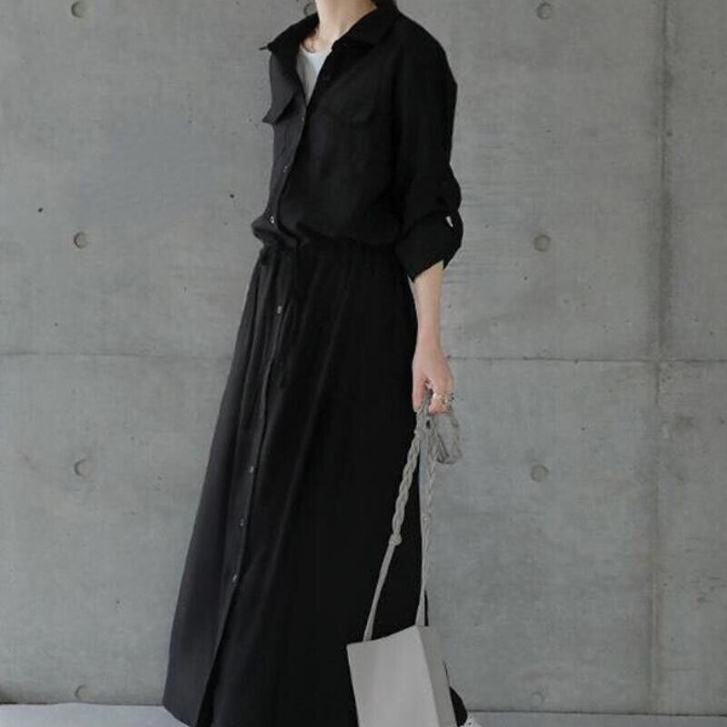 Women Midi Shirt Dress Long Sleeve Button Front Drawstring Pocket Casual Dress - Picture 14 of 18
