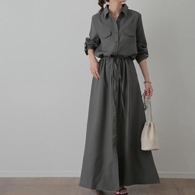 Women Midi Shirt Dress Long Sleeve Button Front Drawstring Pocket Casual Dress - Picture 17 of 18