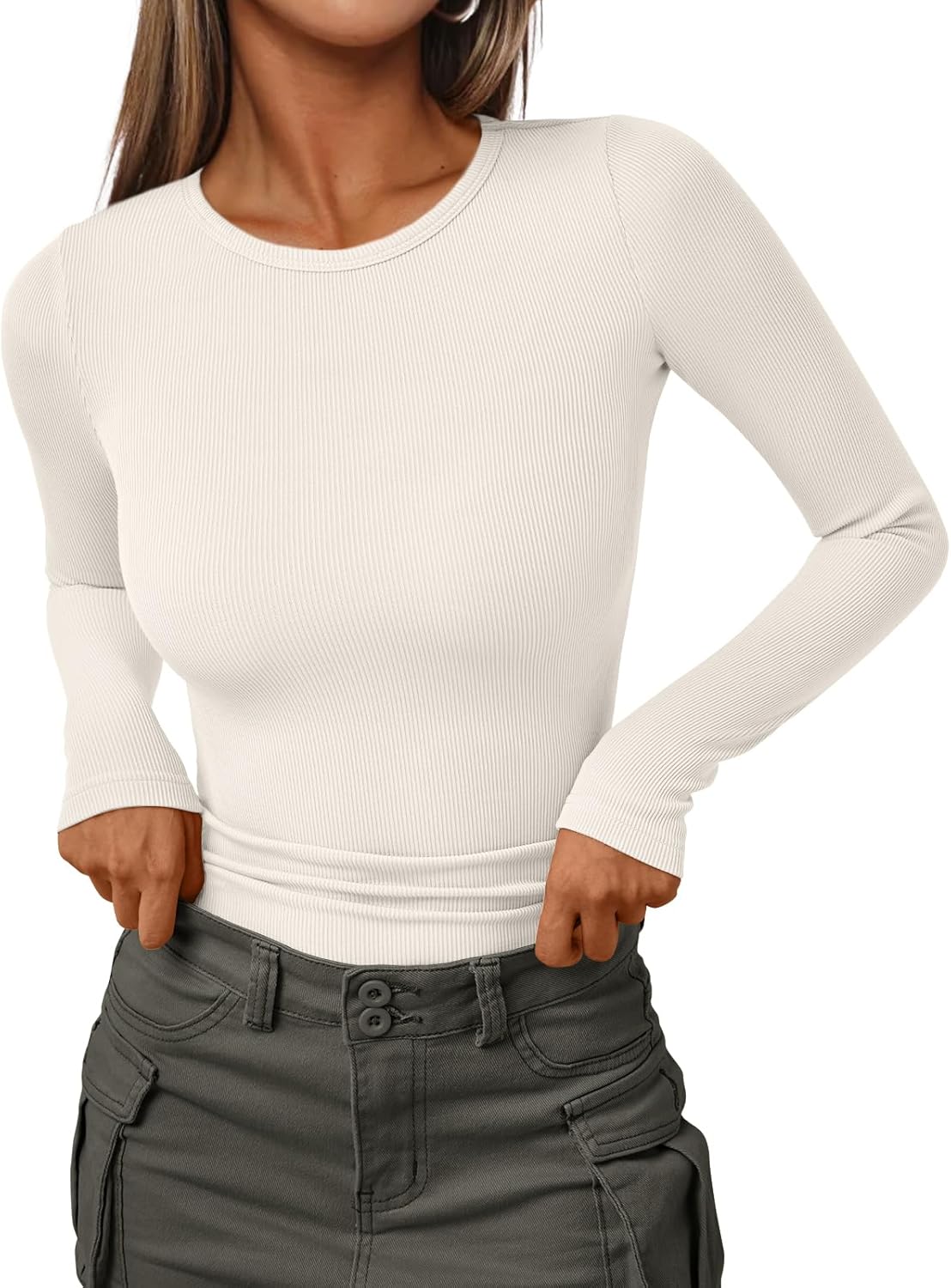 Women's Ribbed Crewneck Underscrub Tops - Slim Fit Layering T-Shirts - Picture 24 of 44