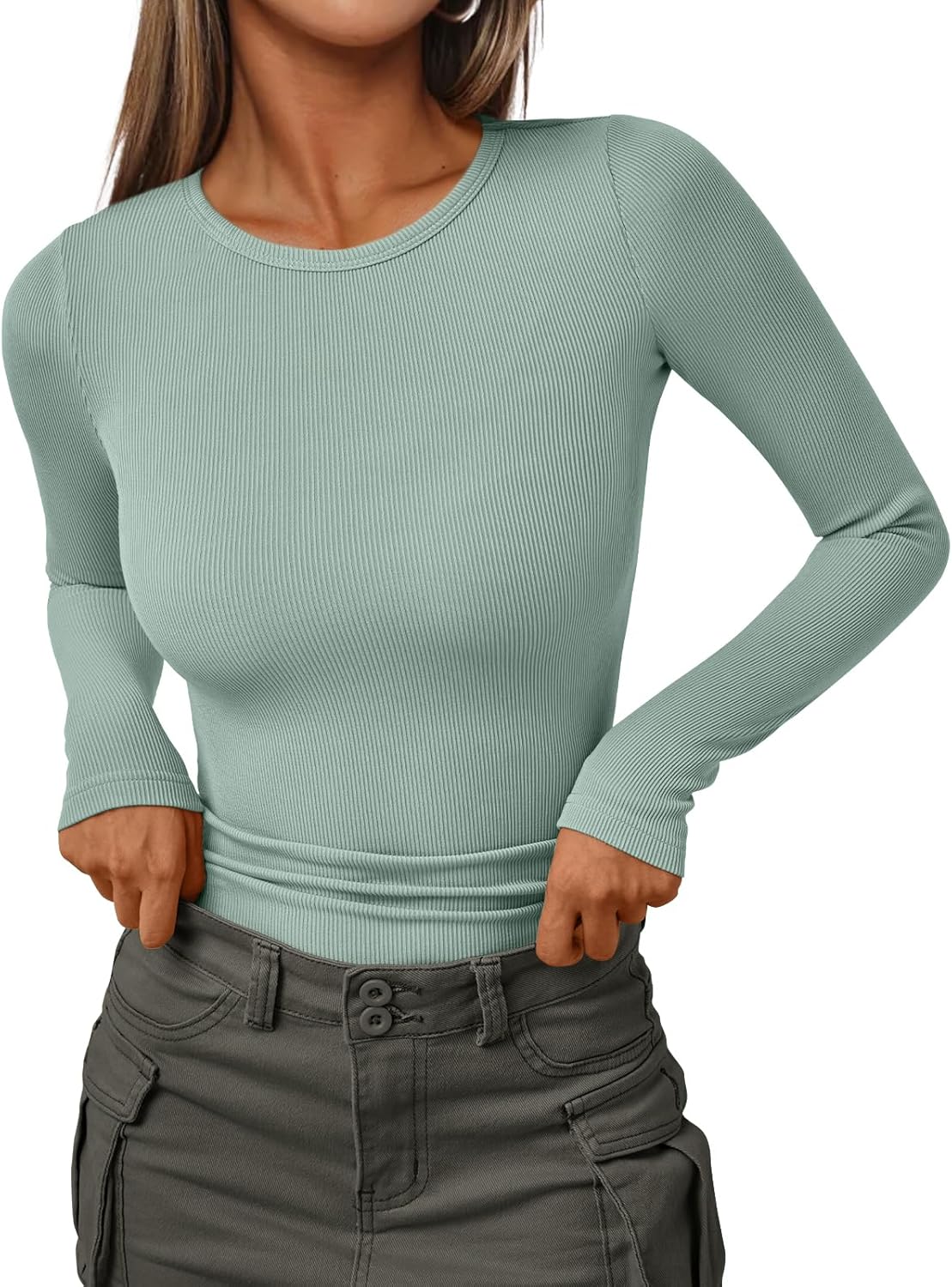 Women's Ribbed Crewneck Underscrub Tops - Slim Fit Layering T-Shirts - Picture 25 of 44