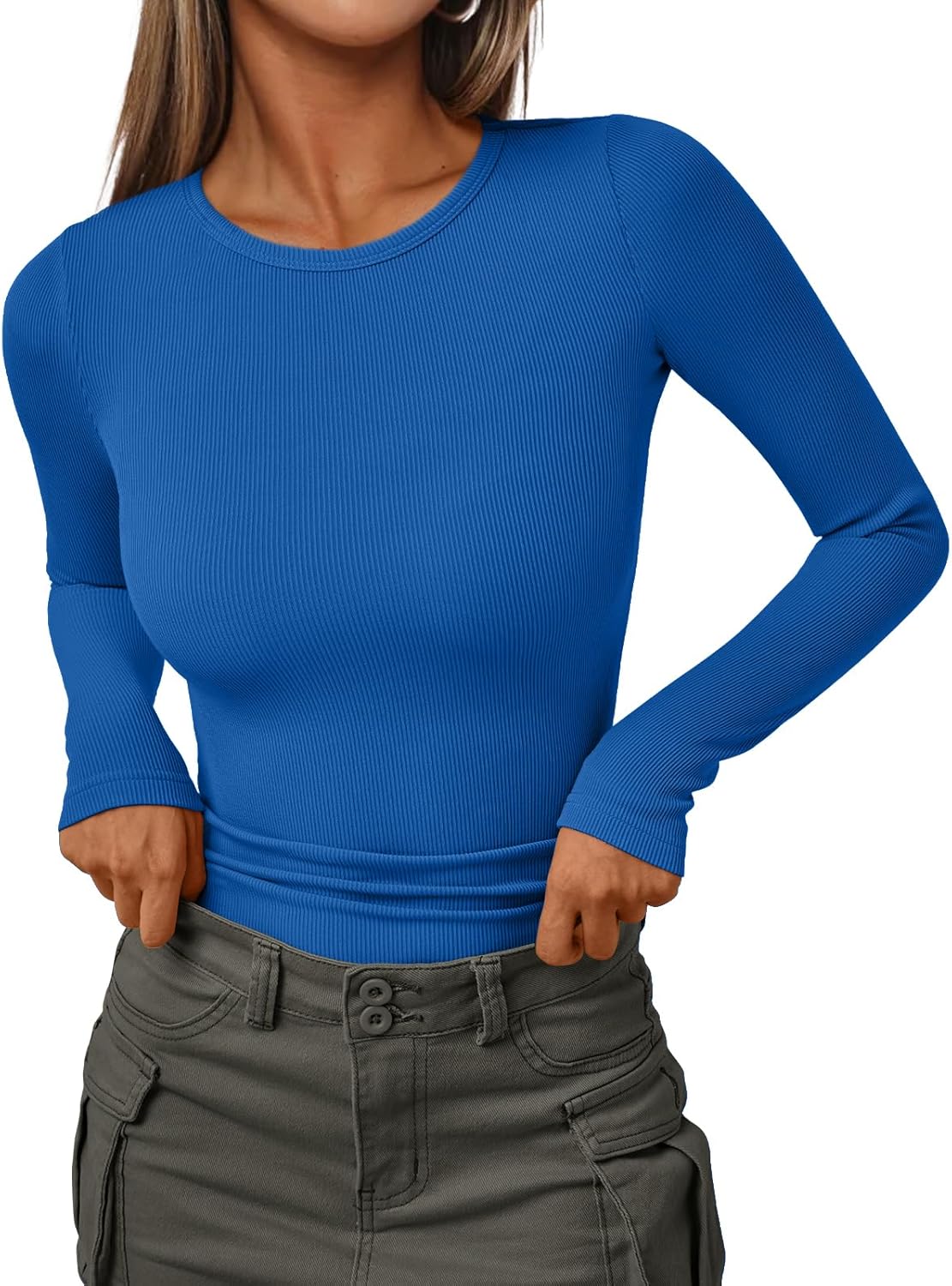 Women's Ribbed Crewneck Underscrub Tops - Slim Fit Layering T-Shirts - Picture 27 of 44