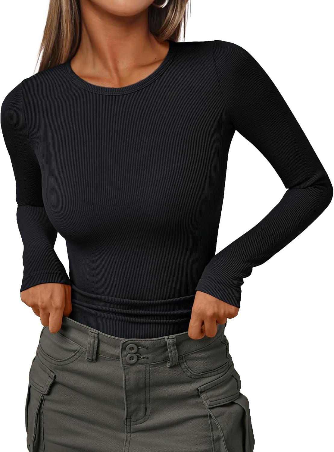 Women's Ribbed Crewneck Underscrub Tops - Slim Fit Layering T-Shirts - Picture 28 of 44