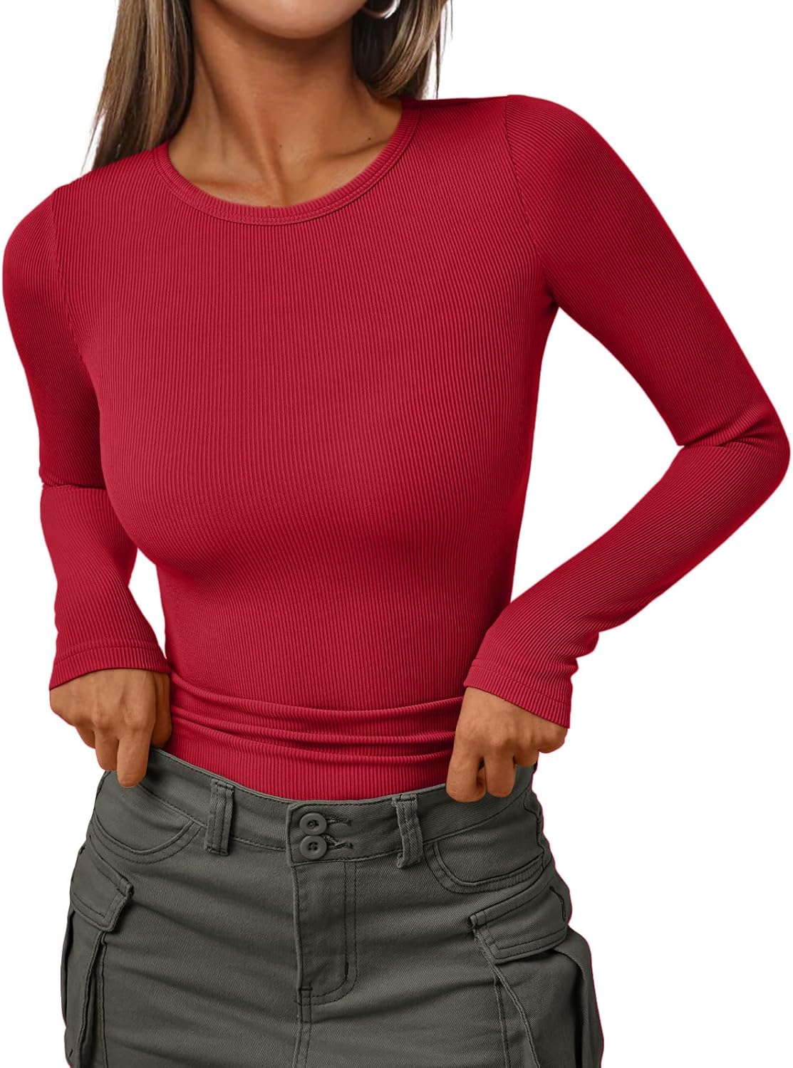 Women's Ribbed Crewneck Underscrub Tops - Slim Fit Layering T-Shirts - Picture 29 of 44