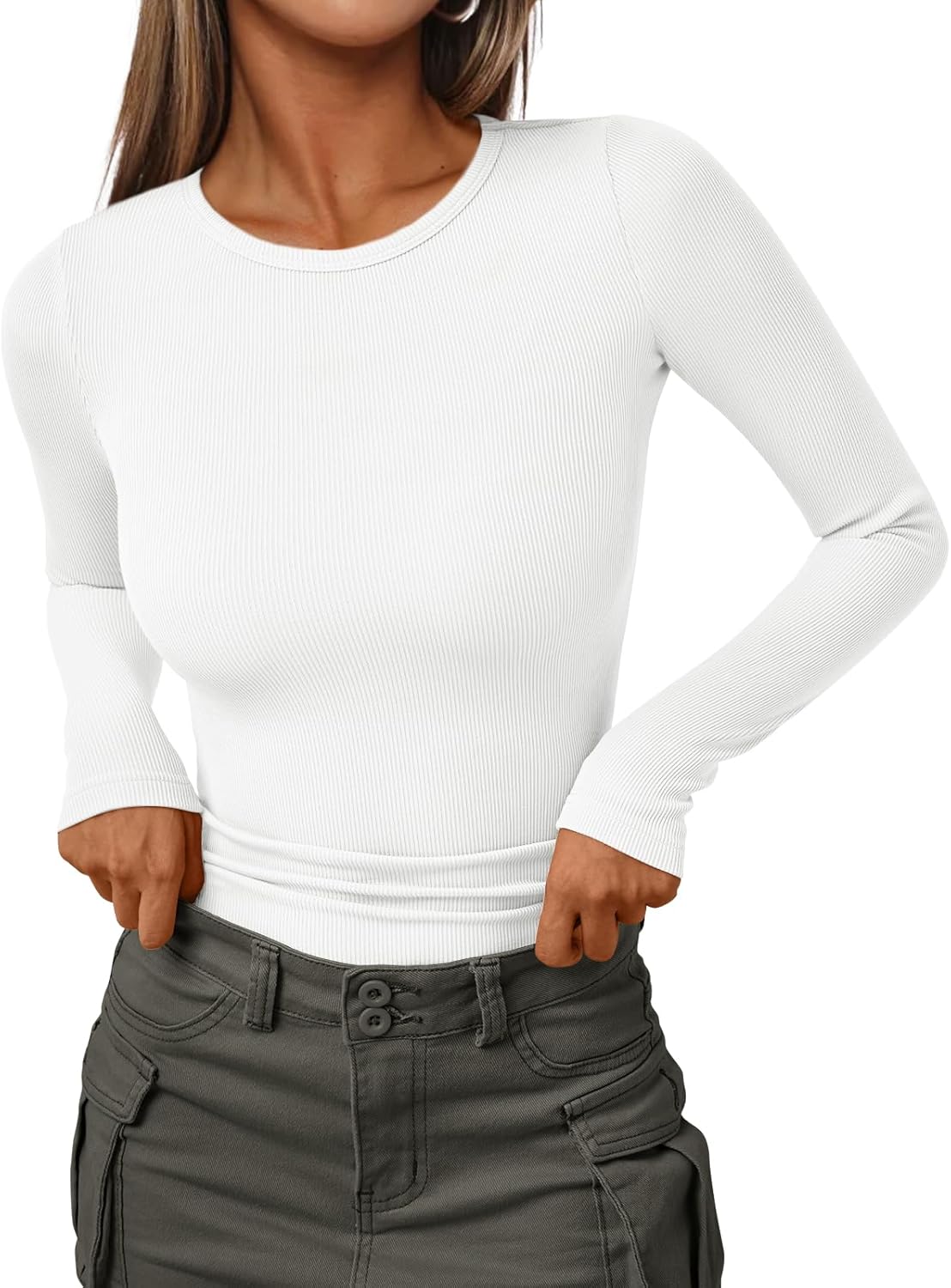 Women's Ribbed Crewneck Underscrub Tops - Slim Fit Layering T-Shirts - Picture 30 of 44
