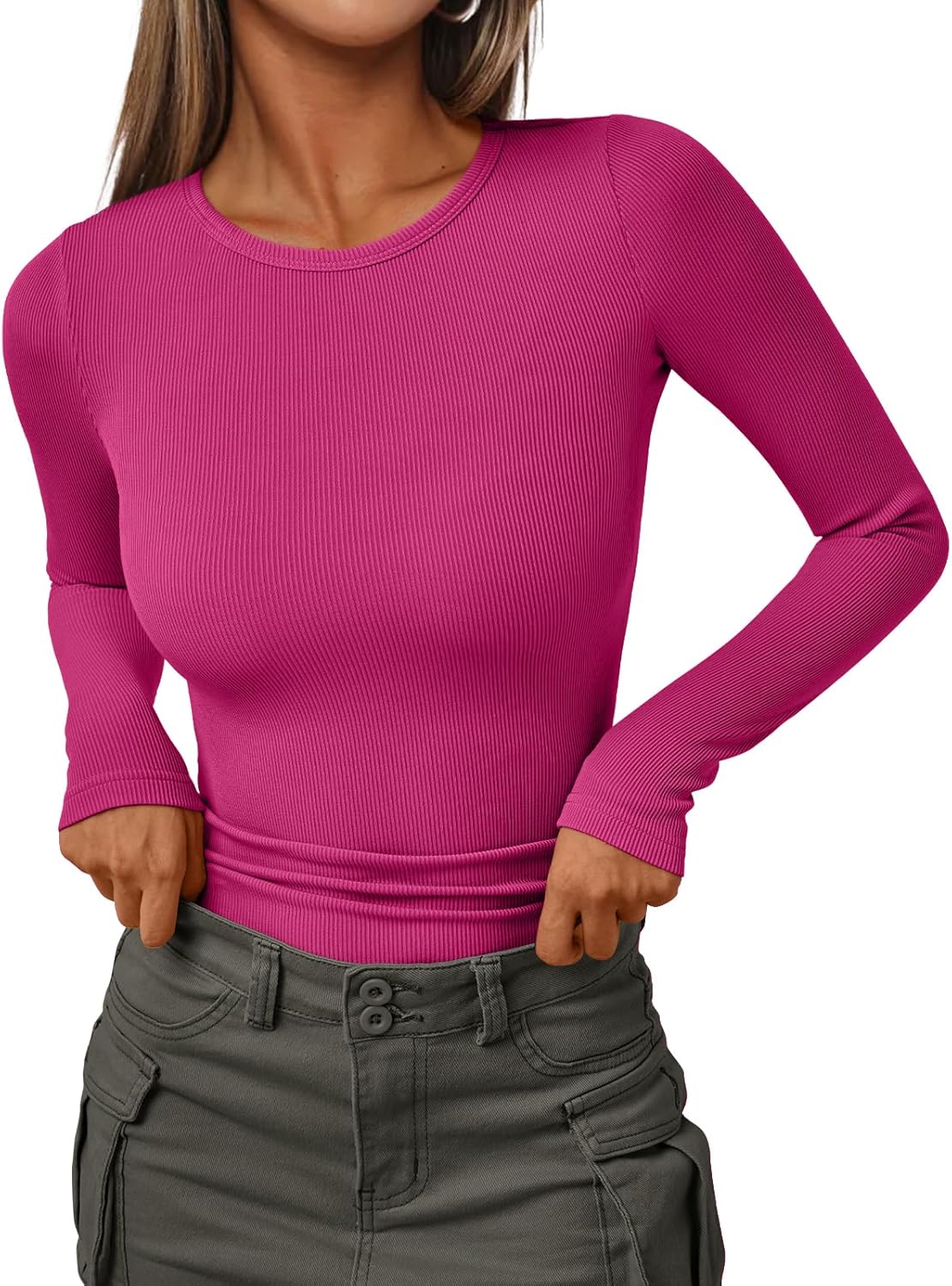 Women's Ribbed Crewneck Underscrub Tops - Slim Fit Layering T-Shirts - Picture 32 of 44