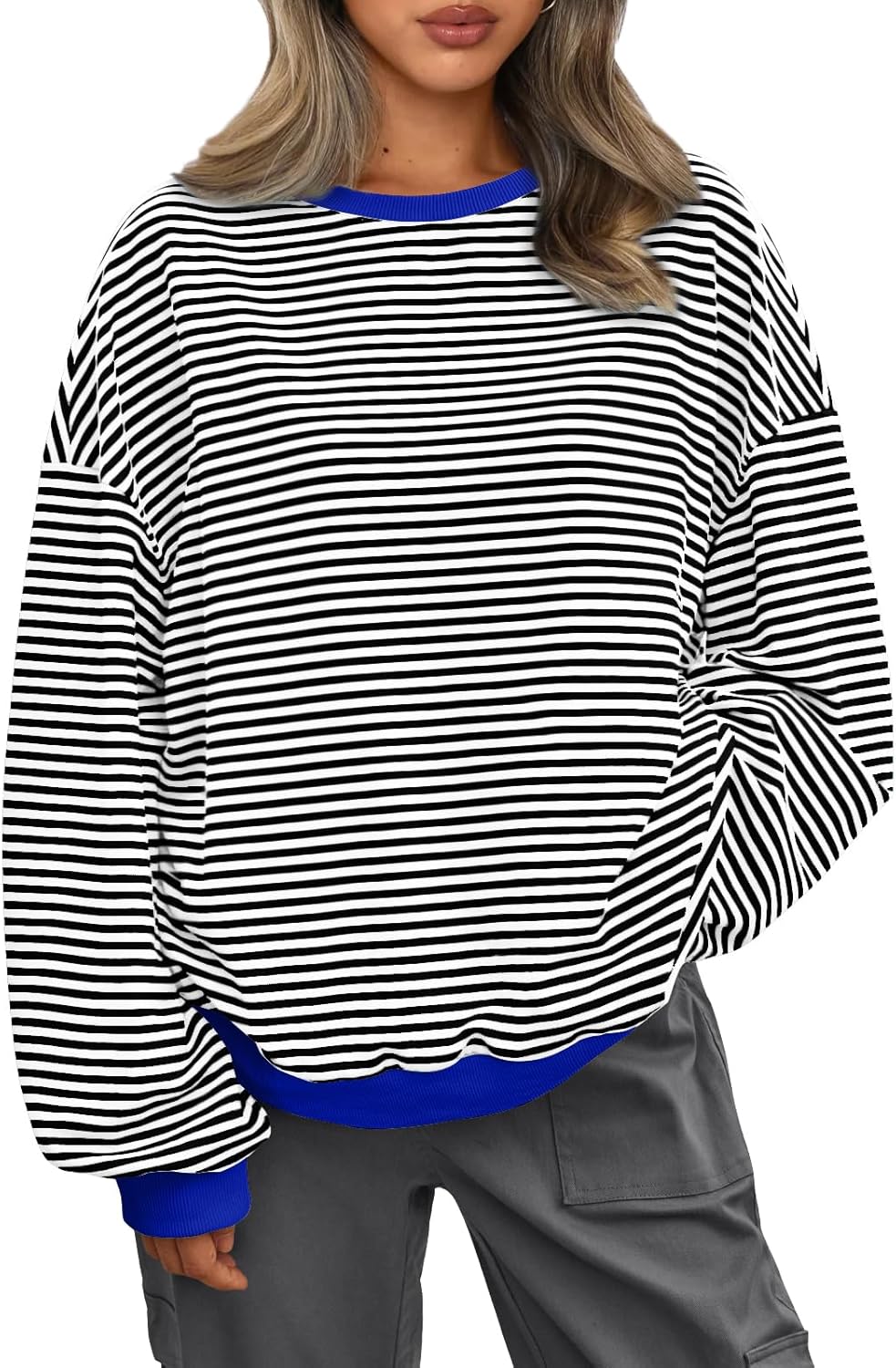 Y2K Preppy Oversized Sweatshirt - Striped Crewneck Women's Long Sleeve Top - Picture 25 of 44