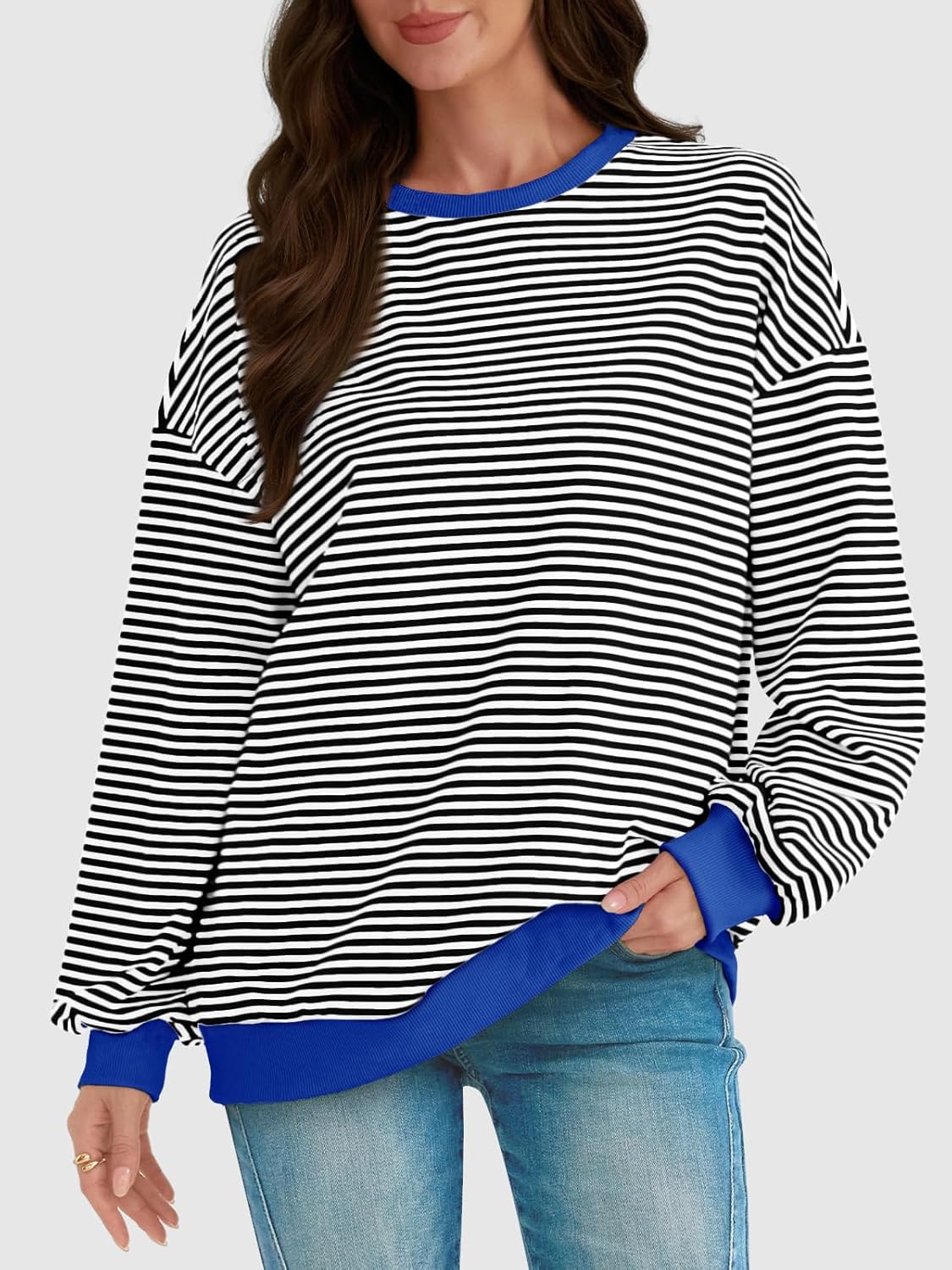 Y2K Preppy Oversized Sweatshirt - Striped Crewneck Women's Long Sleeve Top - Picture 26 of 44