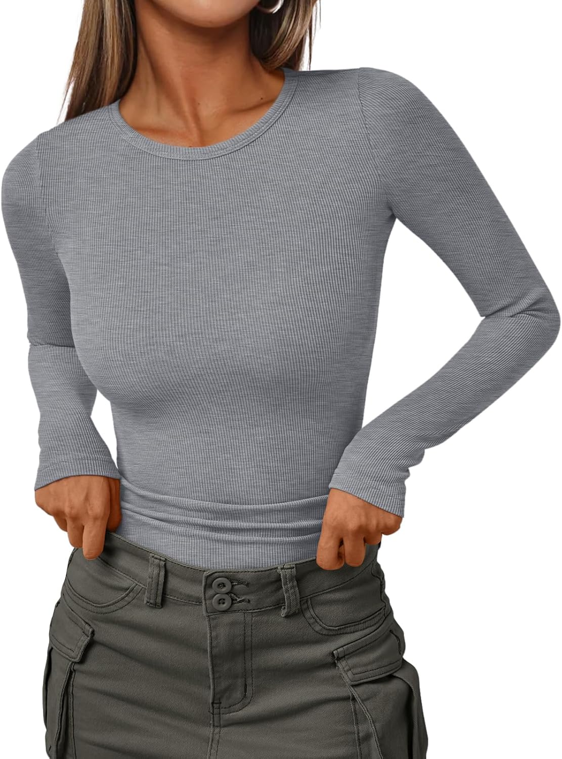 Women's Ribbed Crewneck Underscrub Tops - Slim Fit Layering T-Shirts - Picture 33 of 44
