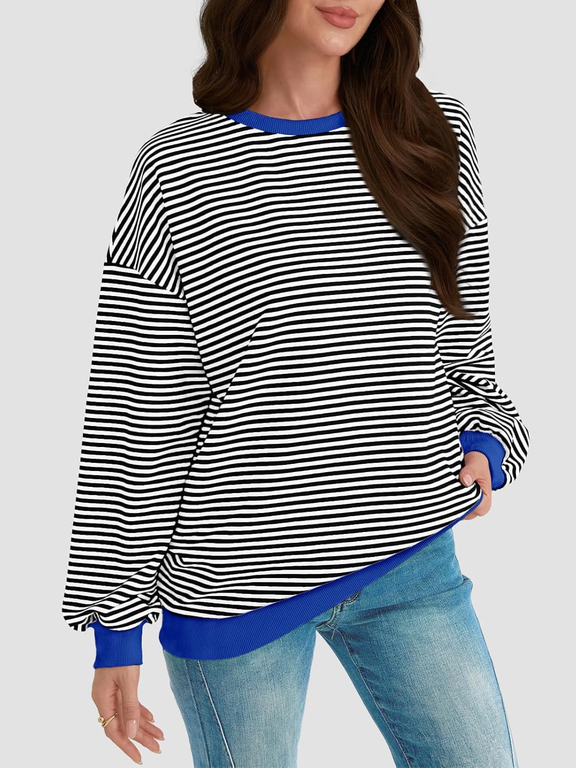 Y2K Preppy Oversized Sweatshirt - Striped Crewneck Women's Long Sleeve Top - Picture 27 of 44