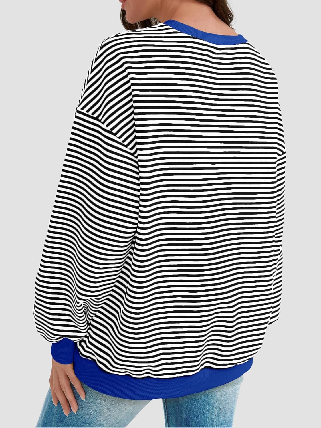 Y2K Preppy Oversized Sweatshirt - Striped Crewneck Women's Long Sleeve Top - Picture 28 of 44