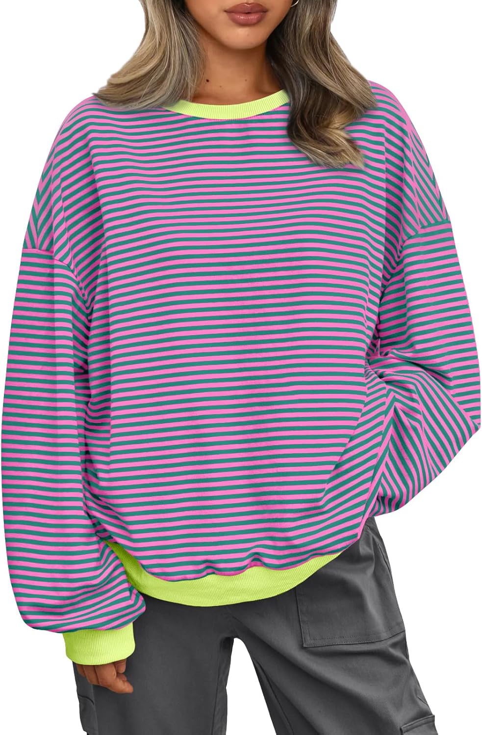 Y2K Preppy Oversized Sweatshirt - Striped Crewneck Women's Long Sleeve Top - Picture 30 of 44