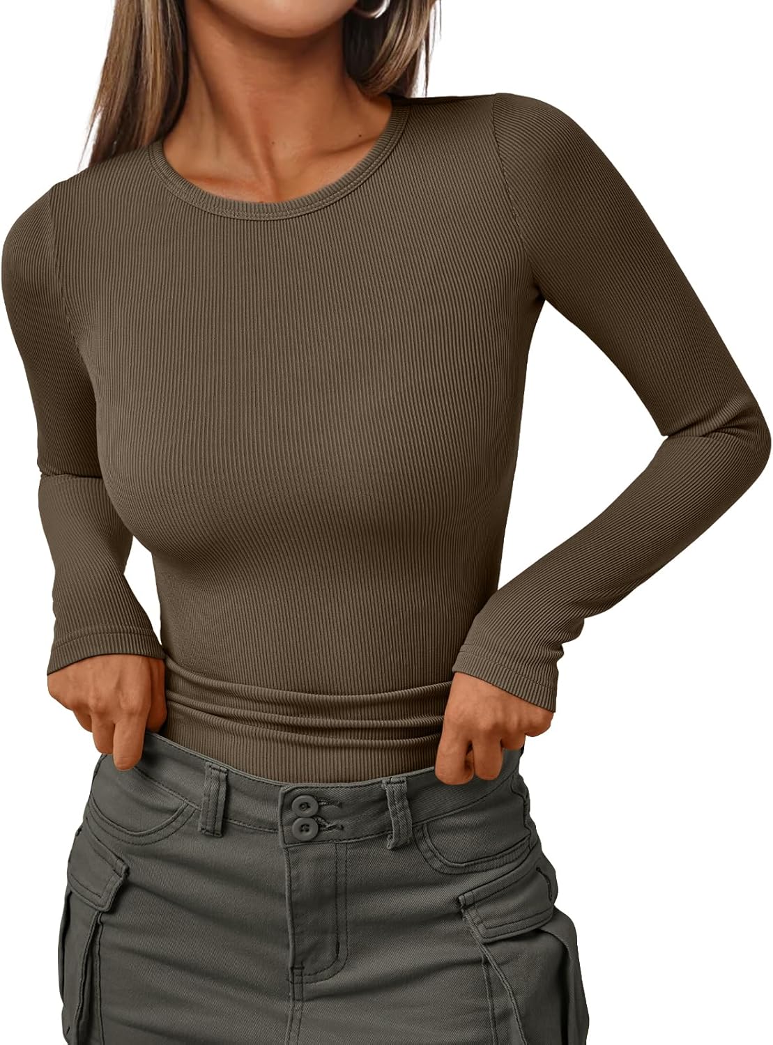 Women's Ribbed Crewneck Underscrub Tops - Slim Fit Layering T-Shirts - Picture 34 of 44