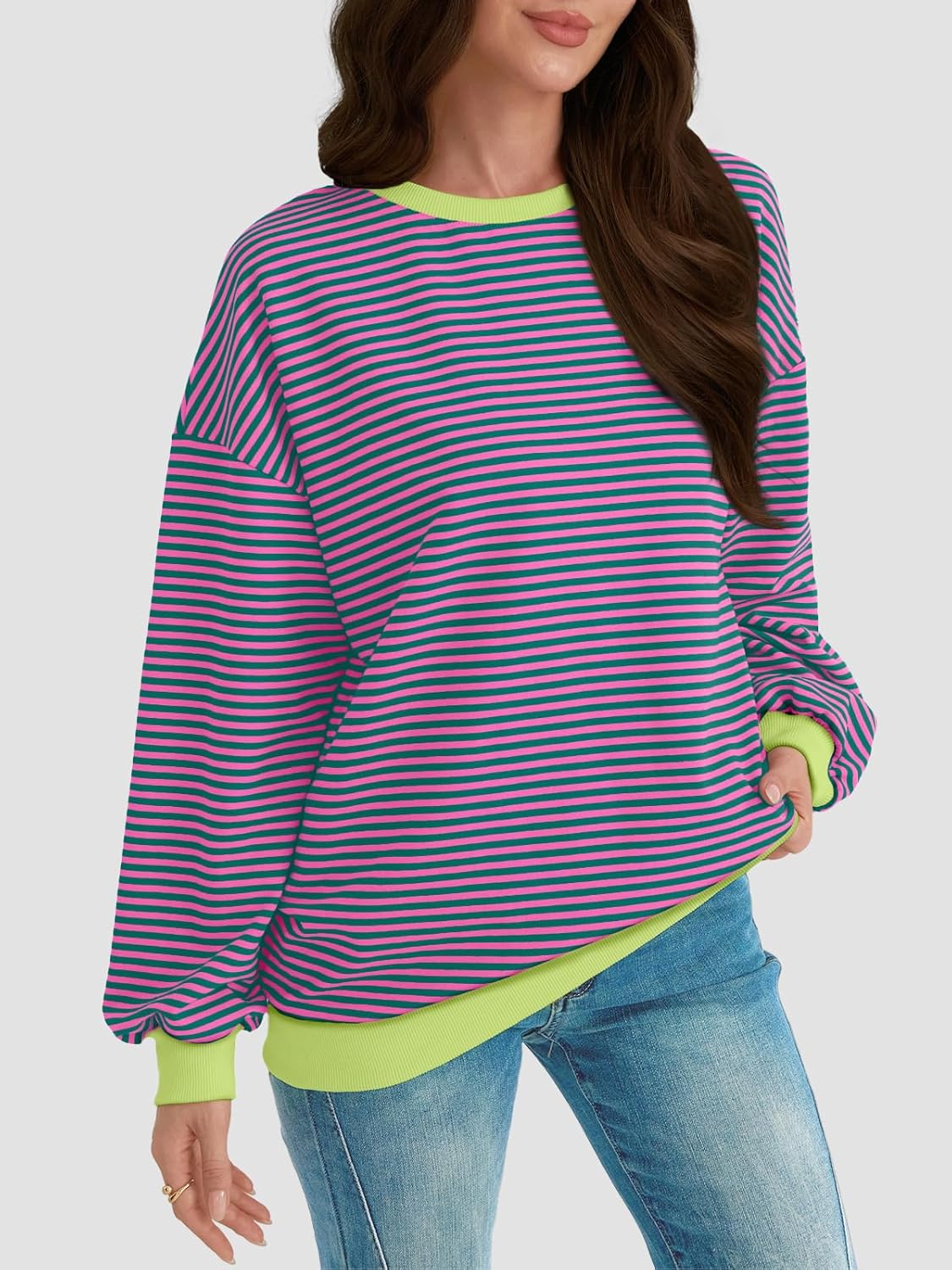 Y2K Preppy Oversized Sweatshirt - Striped Crewneck Women's Long Sleeve Top - Picture 32 of 44