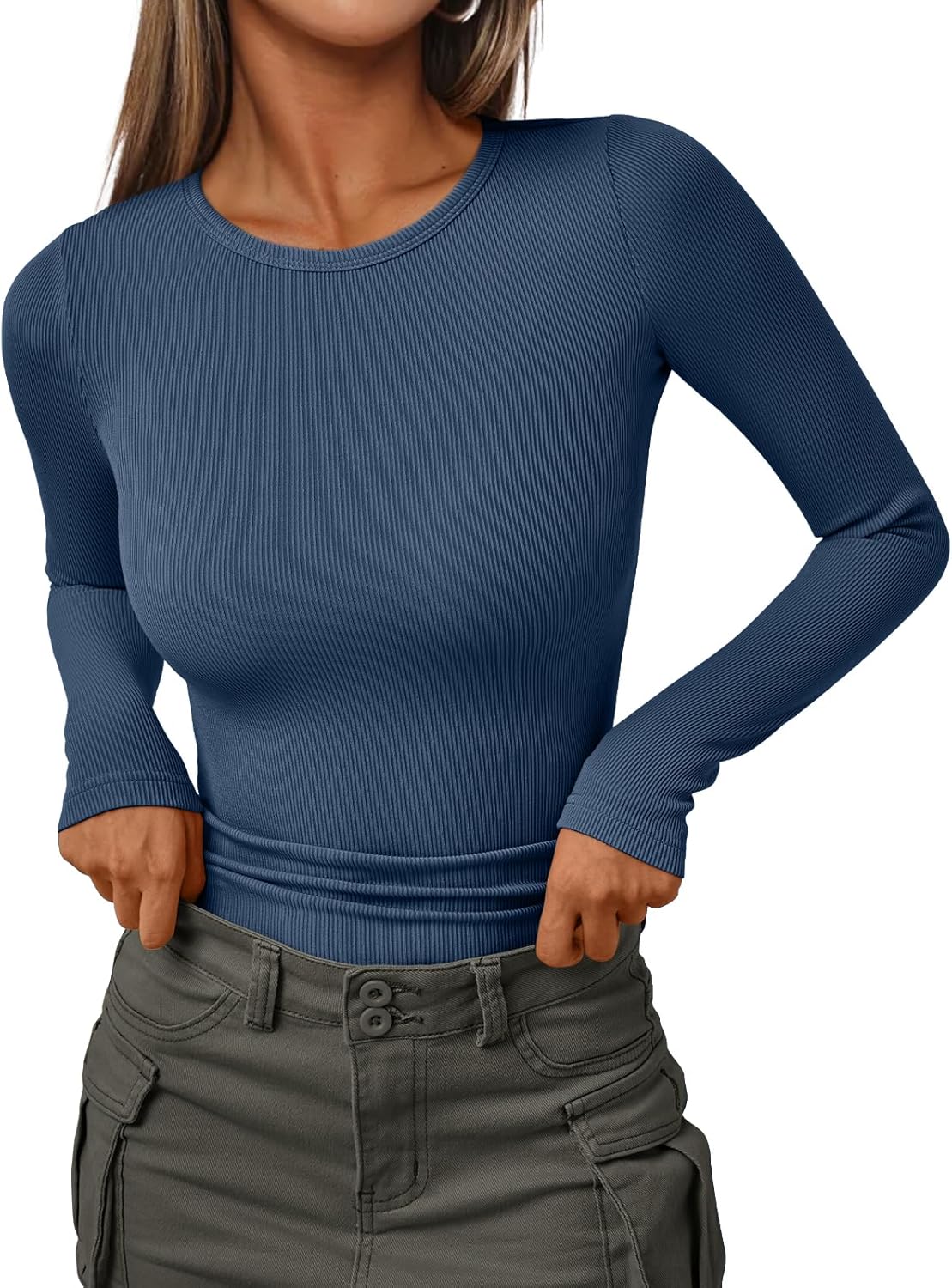 Women's Ribbed Crewneck Underscrub Tops - Slim Fit Layering T-Shirts - Picture 36 of 44