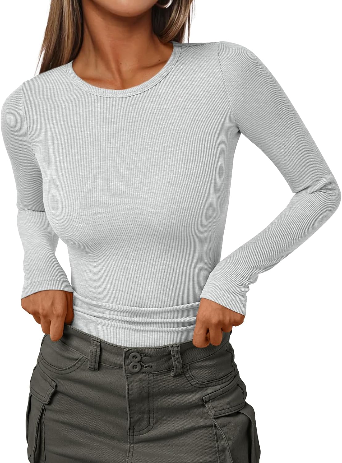 Women's Ribbed Crewneck Underscrub Tops - Slim Fit Layering T-Shirts - Picture 37 of 44