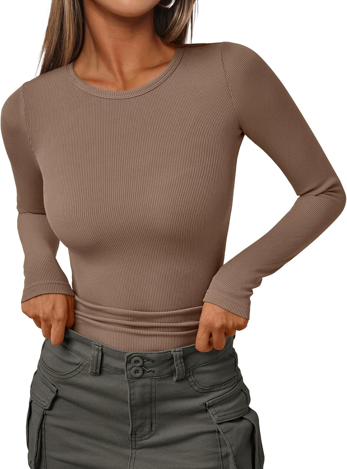 Women's Ribbed Crewneck Underscrub Tops - Slim Fit Layering T-Shirts - Picture 38 of 44
