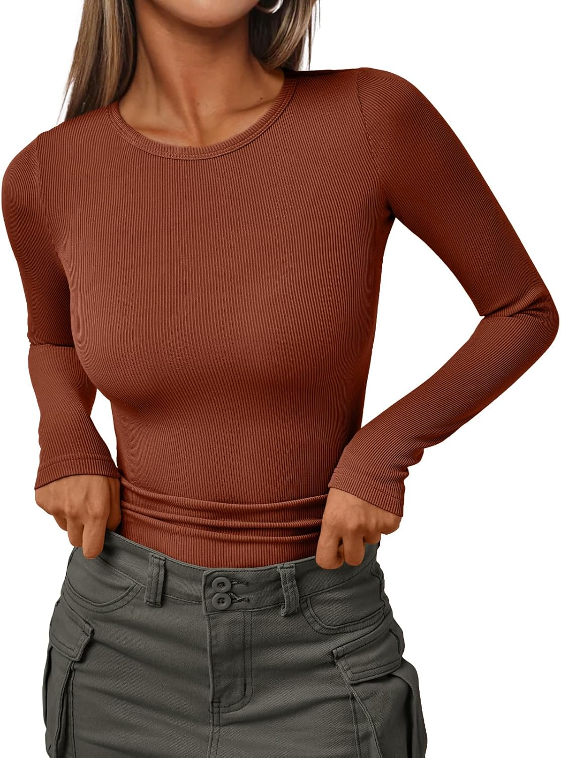 Women's Ribbed Crewneck Underscrub Tops - Slim Fit Layering T-Shirts - Picture 39 of 44
