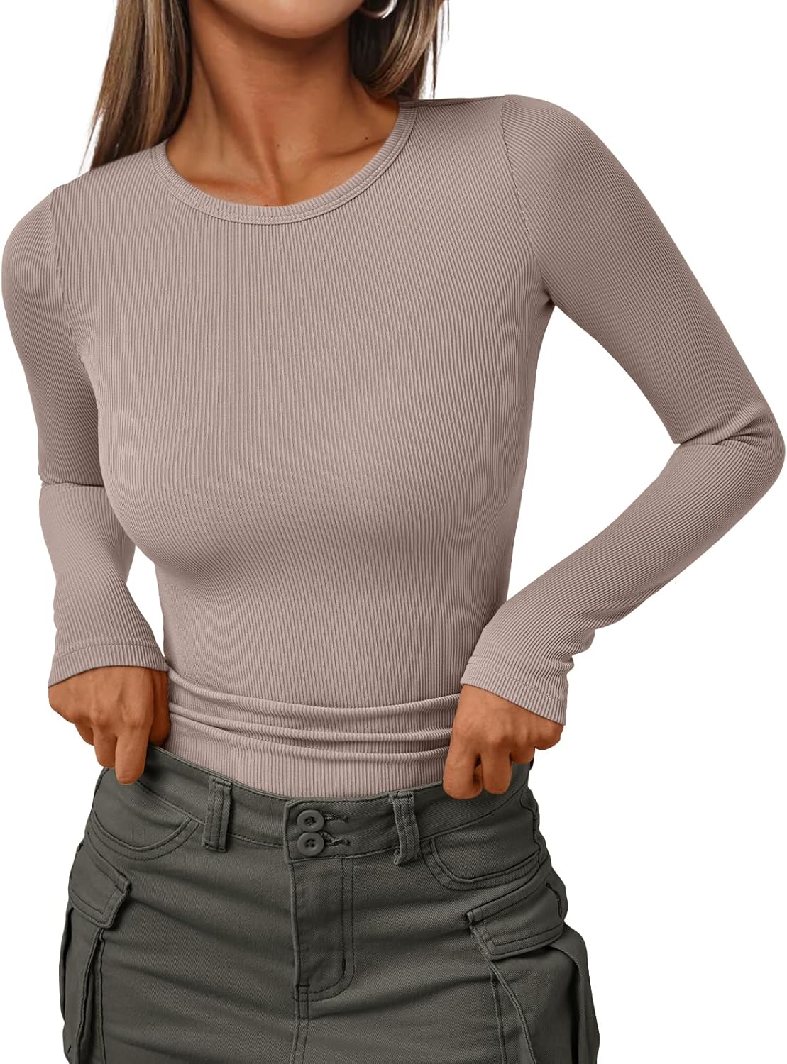 Women's Ribbed Crewneck Underscrub Tops - Slim Fit Layering T-Shirts - Picture 40 of 44