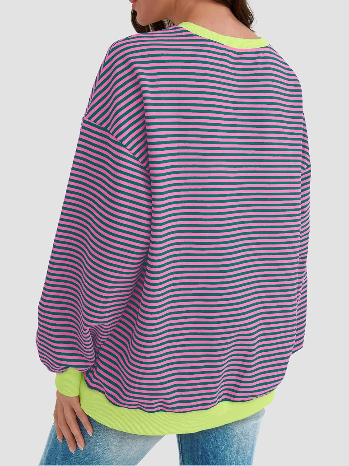 Y2K Preppy Oversized Sweatshirt - Striped Crewneck Women's Long Sleeve Top - Picture 33 of 44
