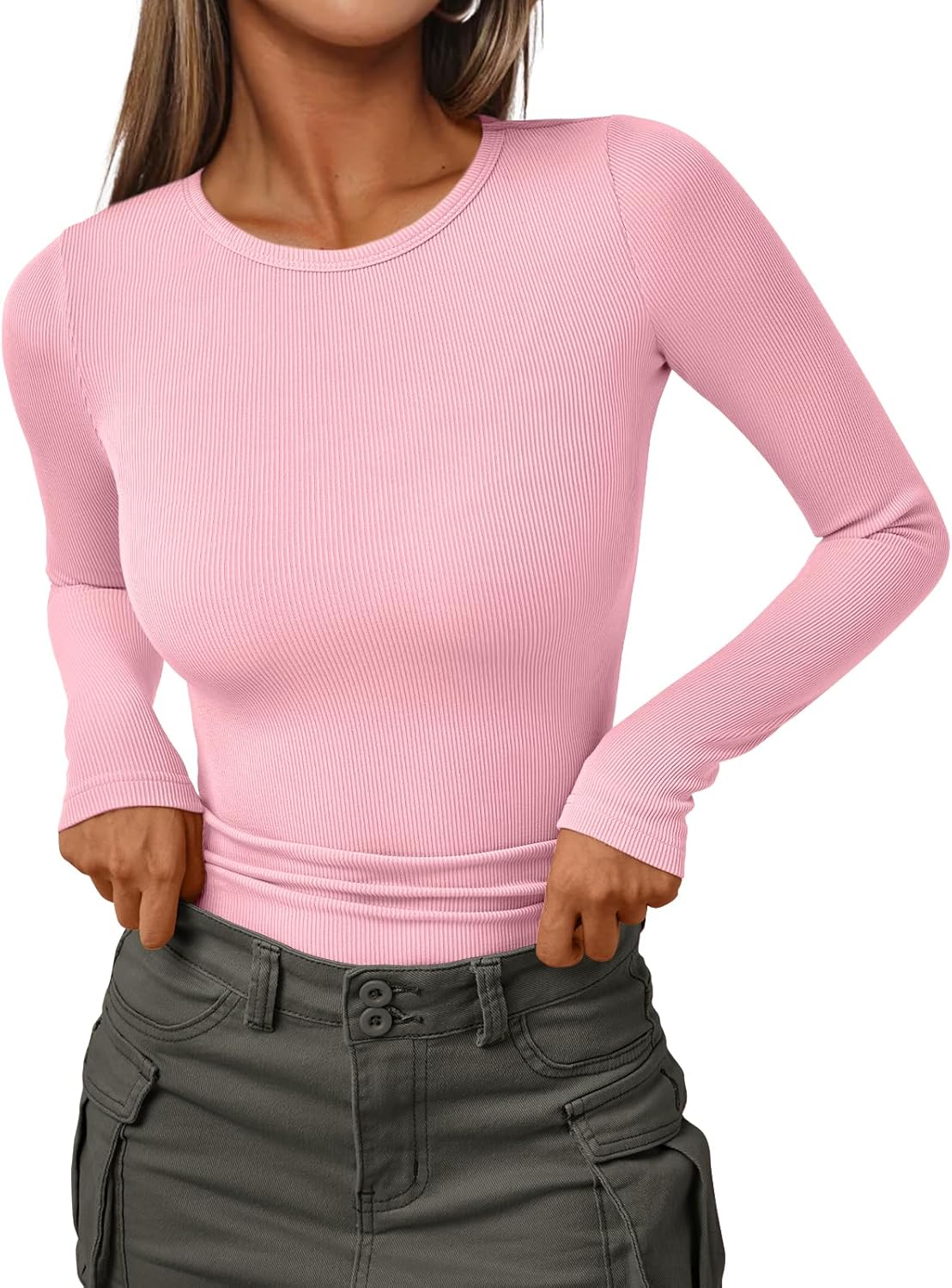 Women's Ribbed Crewneck Underscrub Tops - Slim Fit Layering T-Shirts - Picture 41 of 44