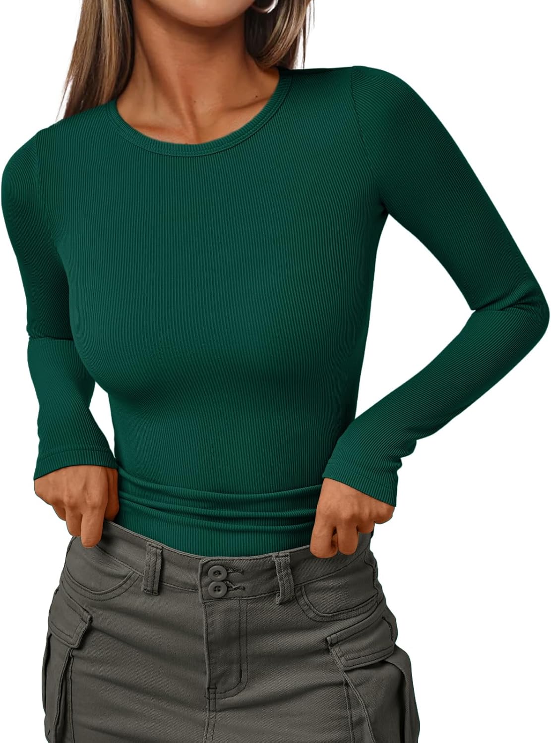 Women's Ribbed Crewneck Underscrub Tops - Slim Fit Layering T-Shirts - Picture 42 of 44