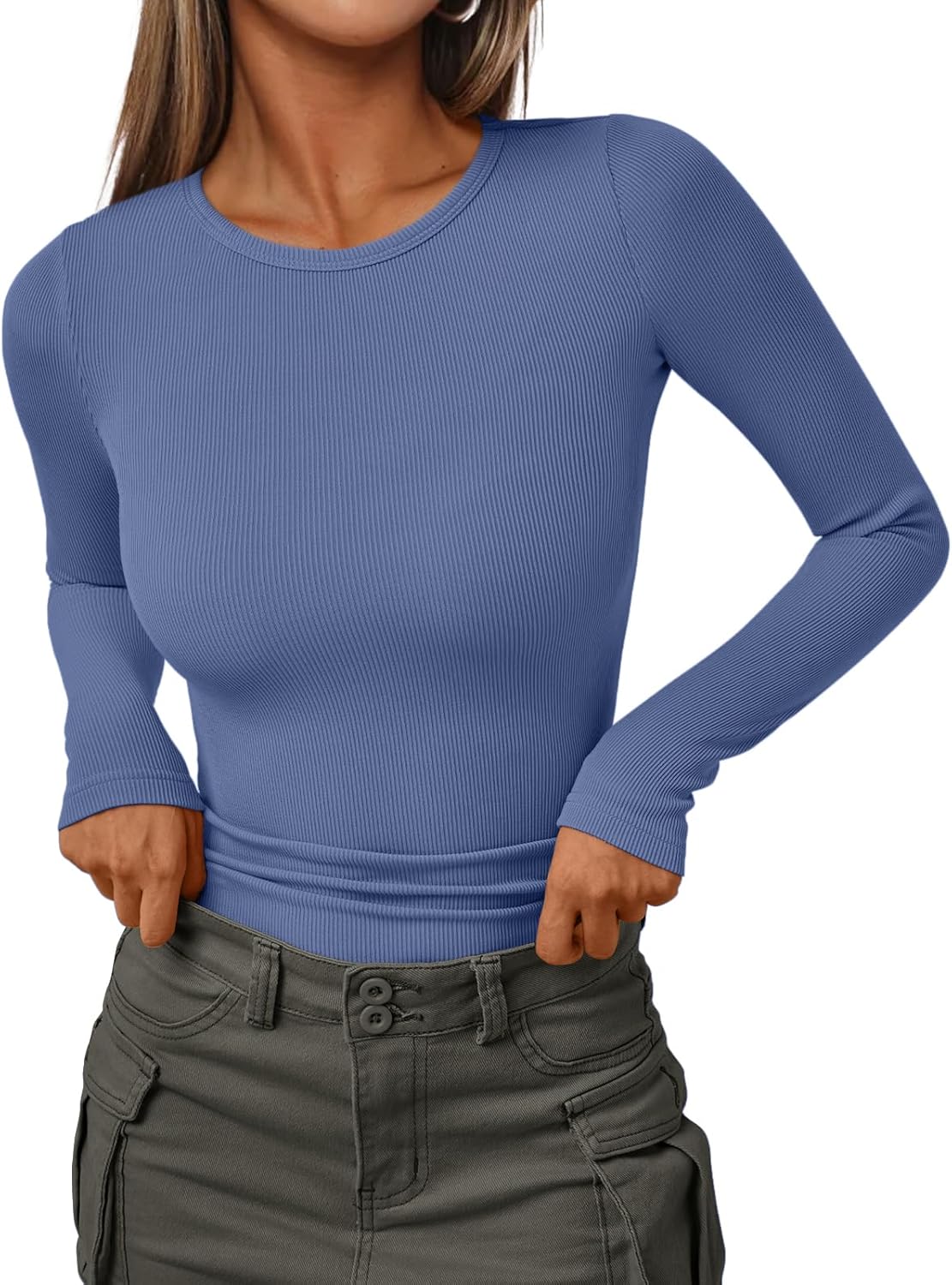 Women's Ribbed Crewneck Underscrub Tops - Slim Fit Layering T-Shirts - Picture 43 of 44