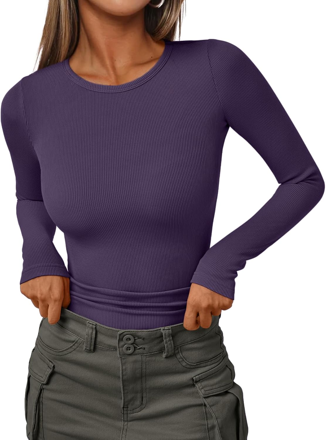 Women's Ribbed Crewneck Underscrub Tops - Slim Fit Layering T-Shirts - Picture 44 of 44