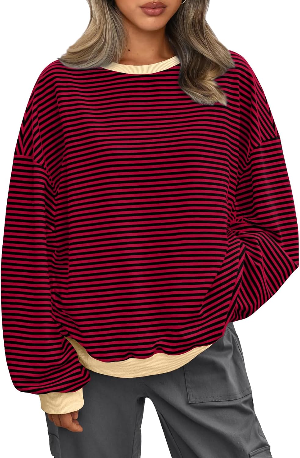 Y2K Preppy Oversized Sweatshirt - Striped Crewneck Women's Long Sleeve Top - Picture 35 of 44