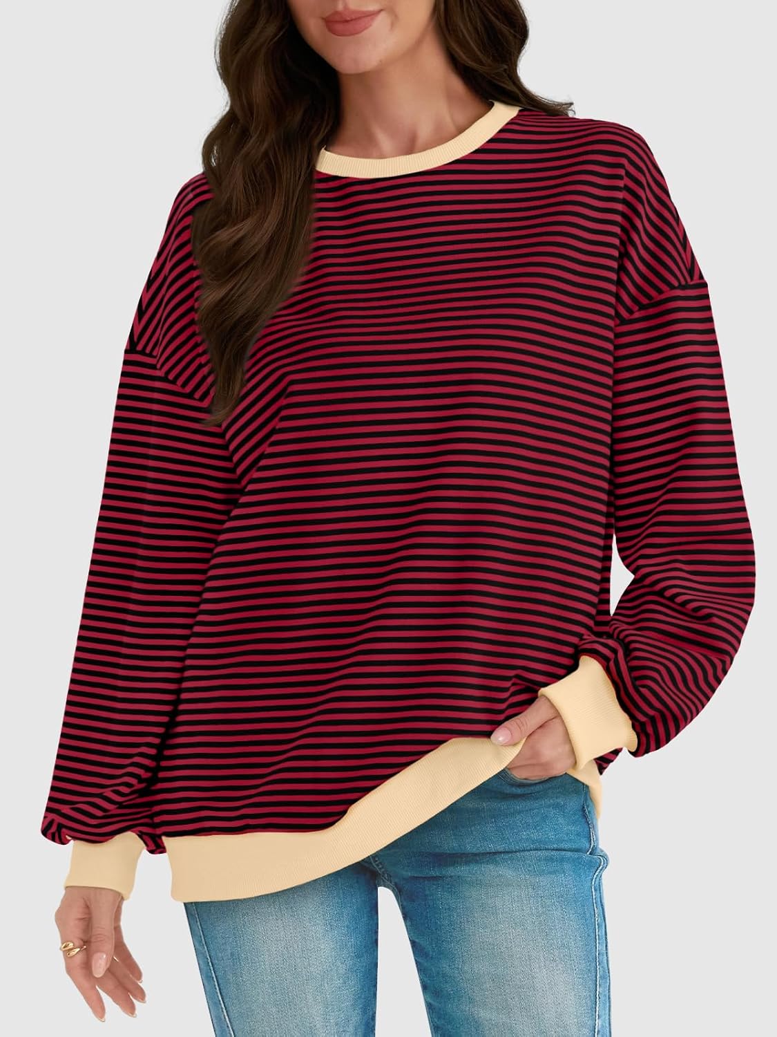 Y2K Preppy Oversized Sweatshirt - Striped Crewneck Women's Long Sleeve Top - Picture 36 of 44