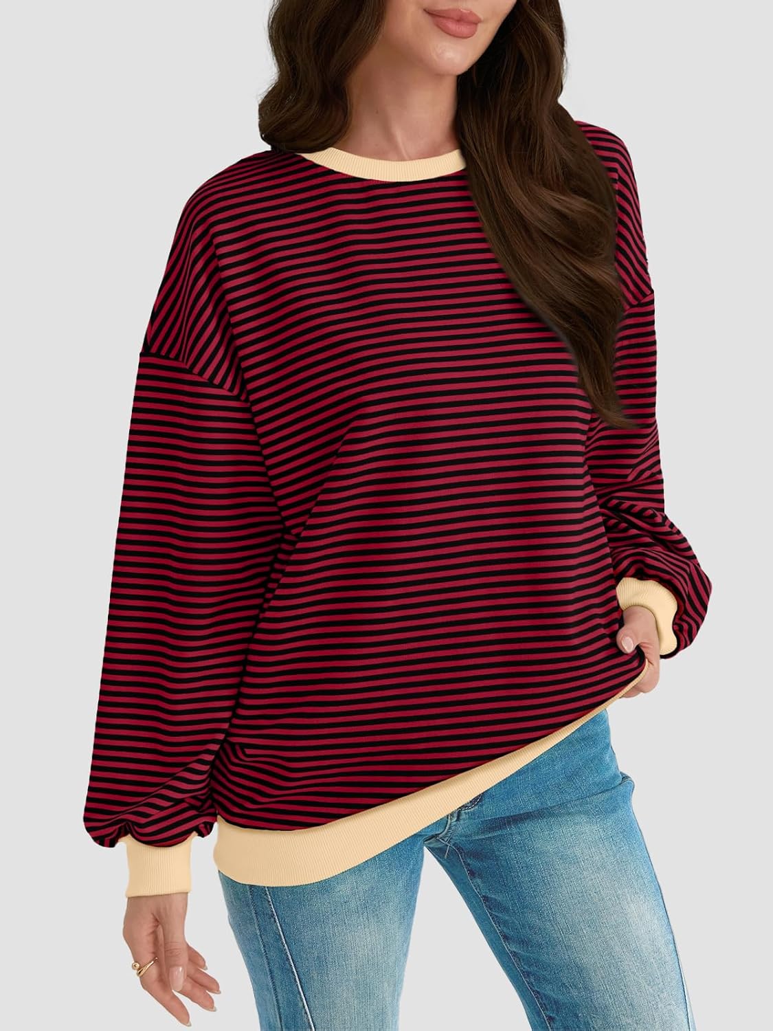 Y2K Preppy Oversized Sweatshirt - Striped Crewneck Women's Long Sleeve Top - Picture 37 of 44