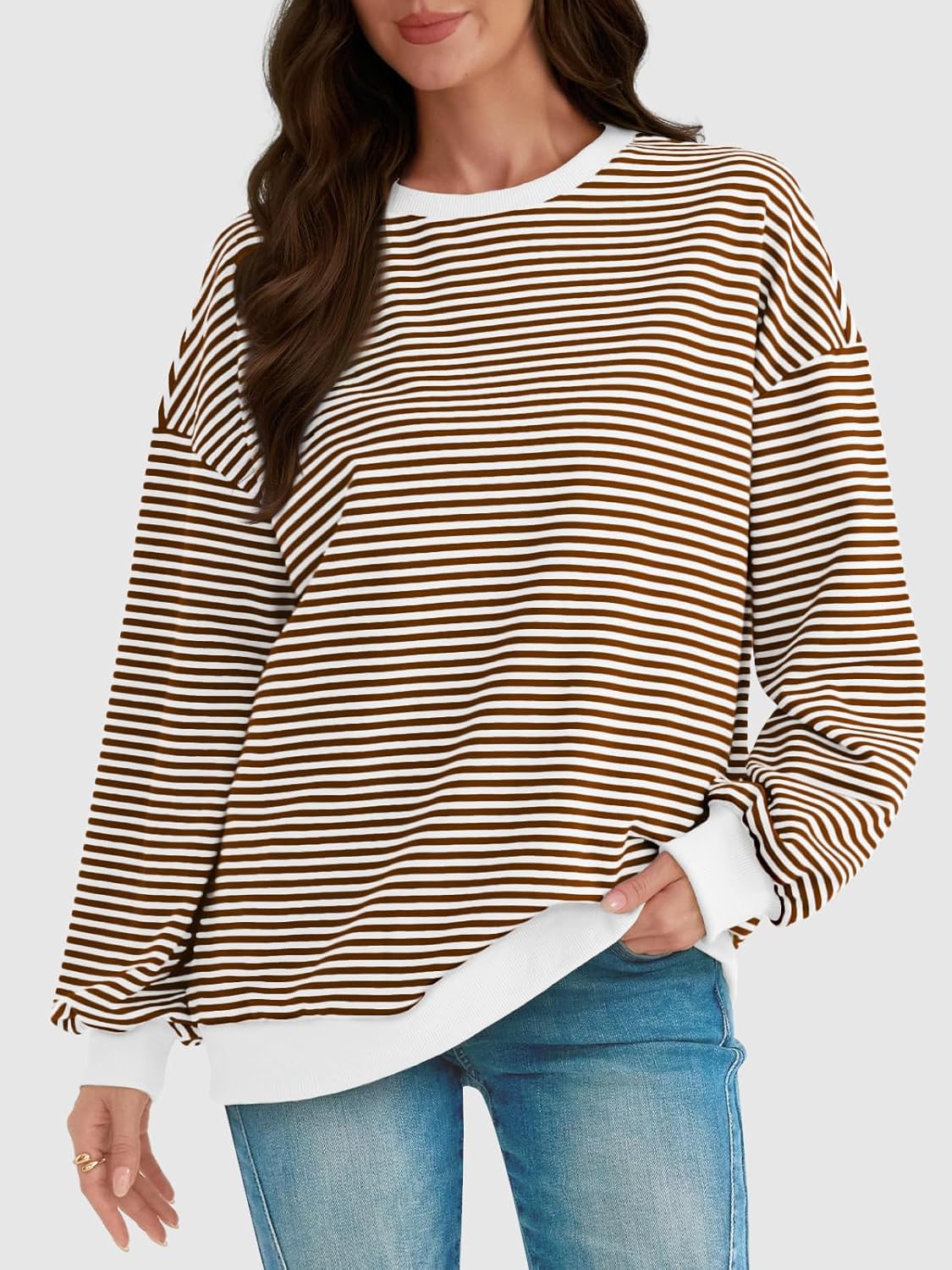Y2K Preppy Oversized Sweatshirt - Striped Crewneck Women's Long Sleeve Top - Picture 41 of 44