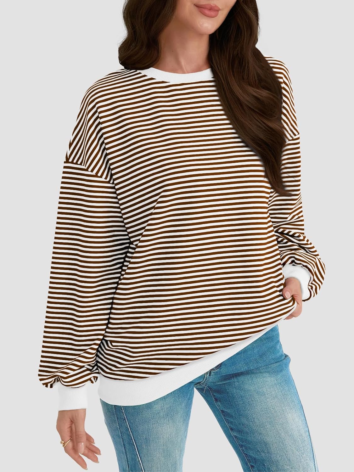Y2K Preppy Oversized Sweatshirt - Striped Crewneck Women's Long Sleeve Top - Picture 42 of 44