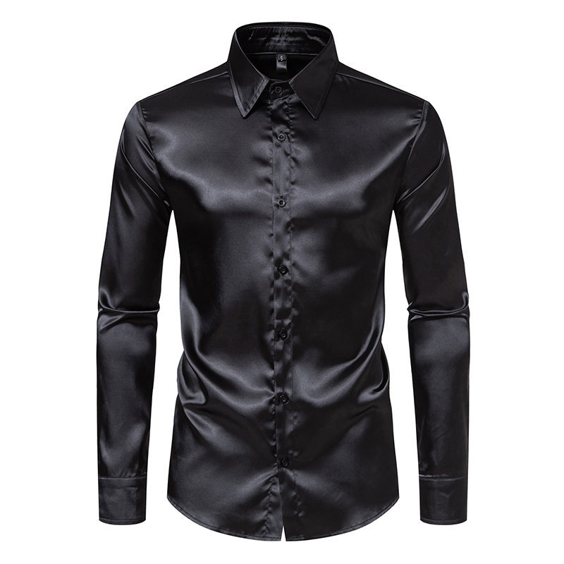 Herren Schwarz Satin Luxus Oberhemden Männer Smoking Hemd Slim Fit Hochzeit Party - Bild 7 von 12