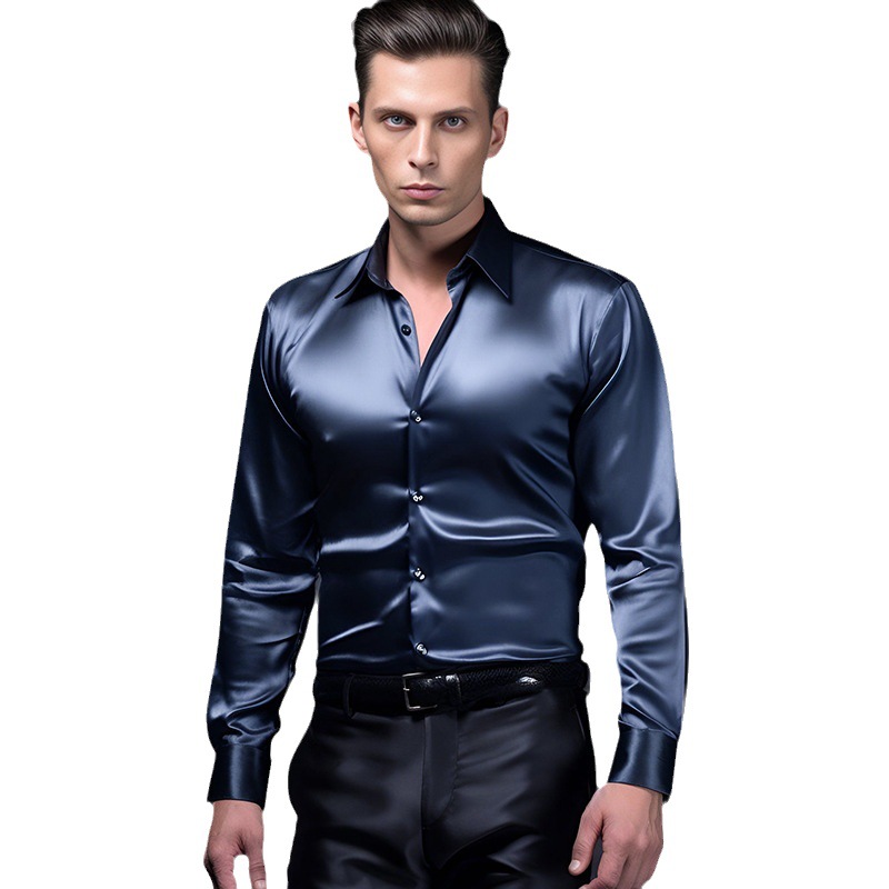 Herren Schwarz Satin Luxus Oberhemden Männer Smoking Hemd Slim Fit Hochzeit Party - Bild 8 von 12